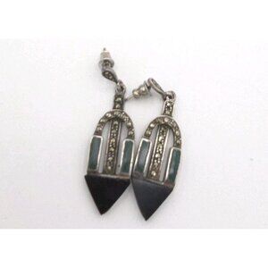 Vintage Art Deco Style 925 Sterling Silver Marcasite Black Onyx Drop Earrings